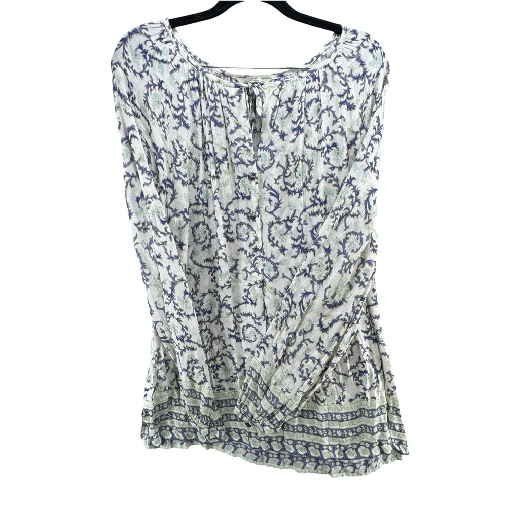 Lucky Brand M Boho Paisley Peasant Blouse Blue Floral Long Sleeve Tunic Top